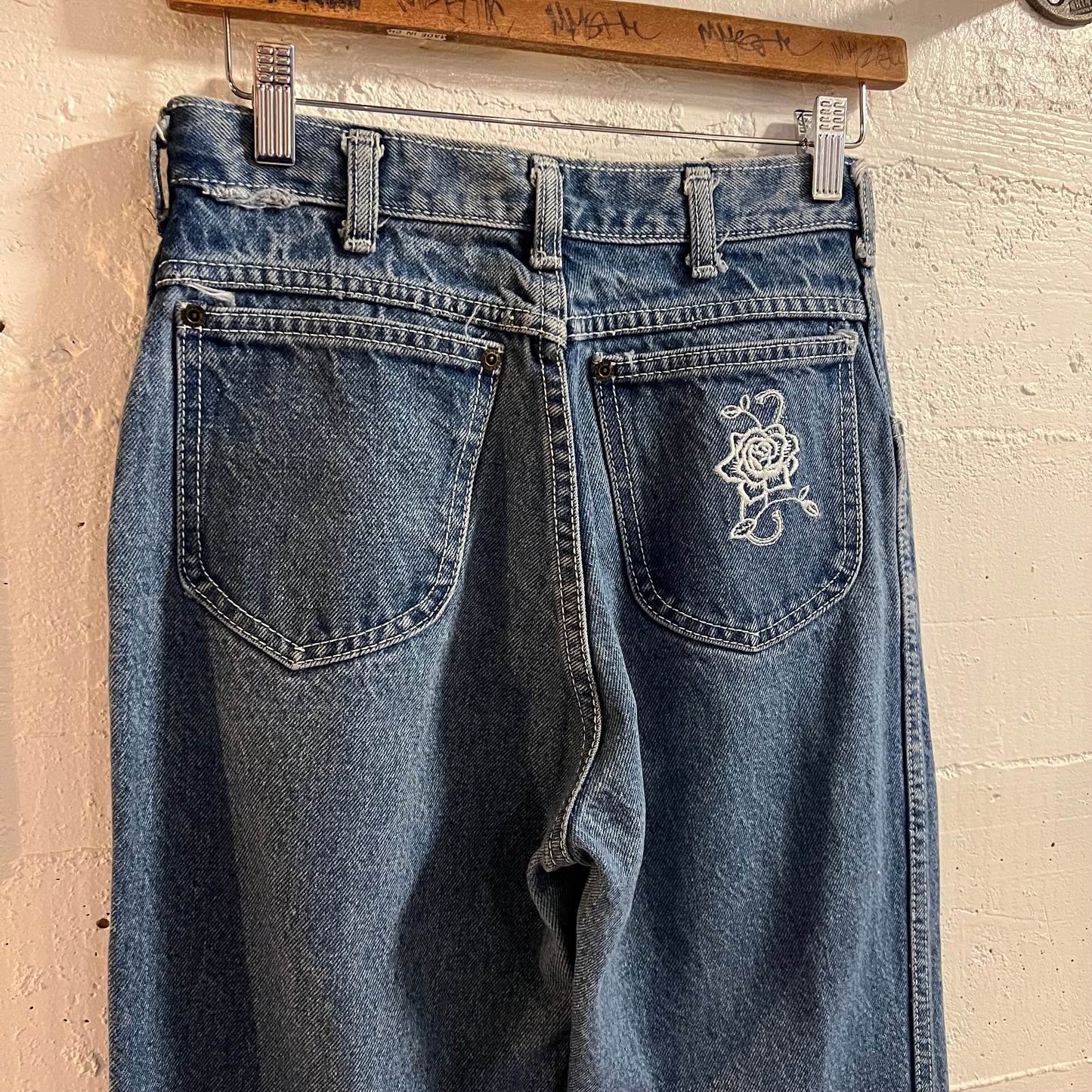 Vintage 1980's Kenny Rogers Western Collection By Karman Women's High Waisted Embroidered Denim Jeans - Size  26" x 30" - Made In USA - Indigo