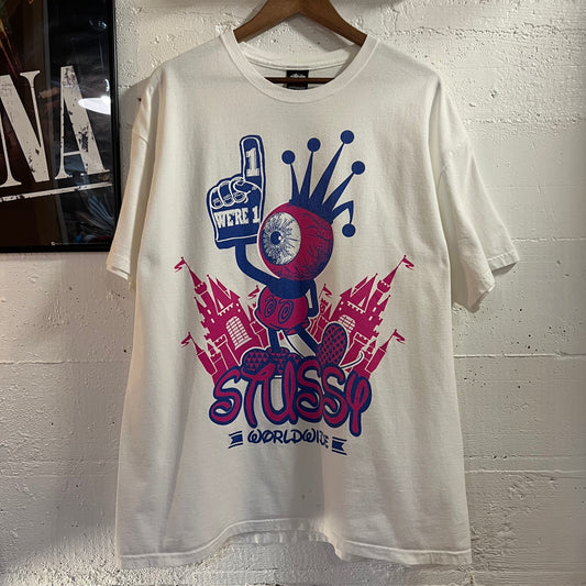 Vintage 2000's Rare Stüssy 'Worldwide' Eyeball Graphic T-Shirt - Size XL - White