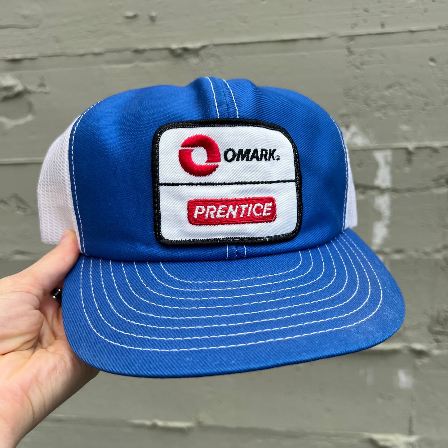 Vintage 70's/80's Prentice Omark Louisville Mfg. Co Mesh Back Trucker Hat - O/S - Made In USA - Blue/White