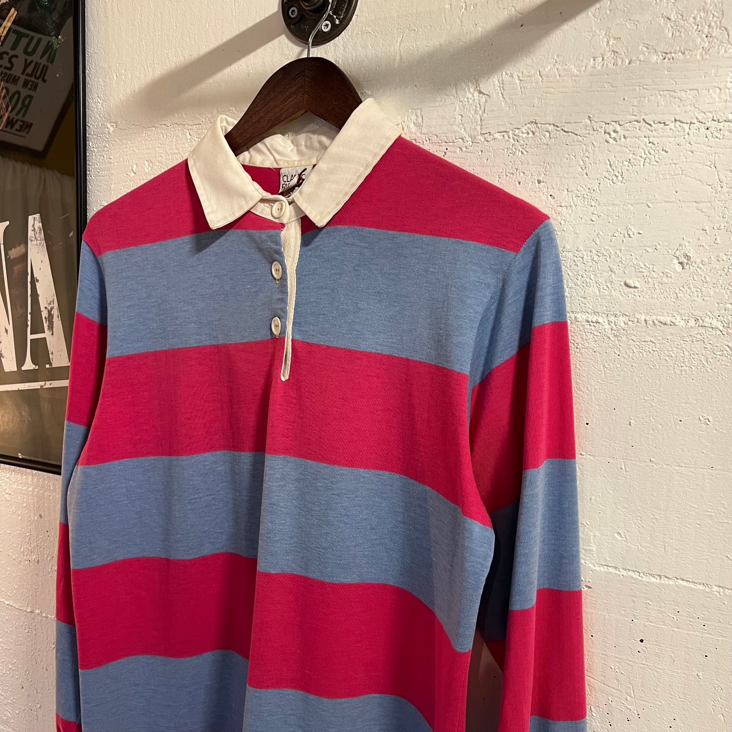 Vintage 90’s Classic Fashion Rugby Style Long Sleeve Striped Shirt - Size Medium - Made In USA - Pink/Blue/White
