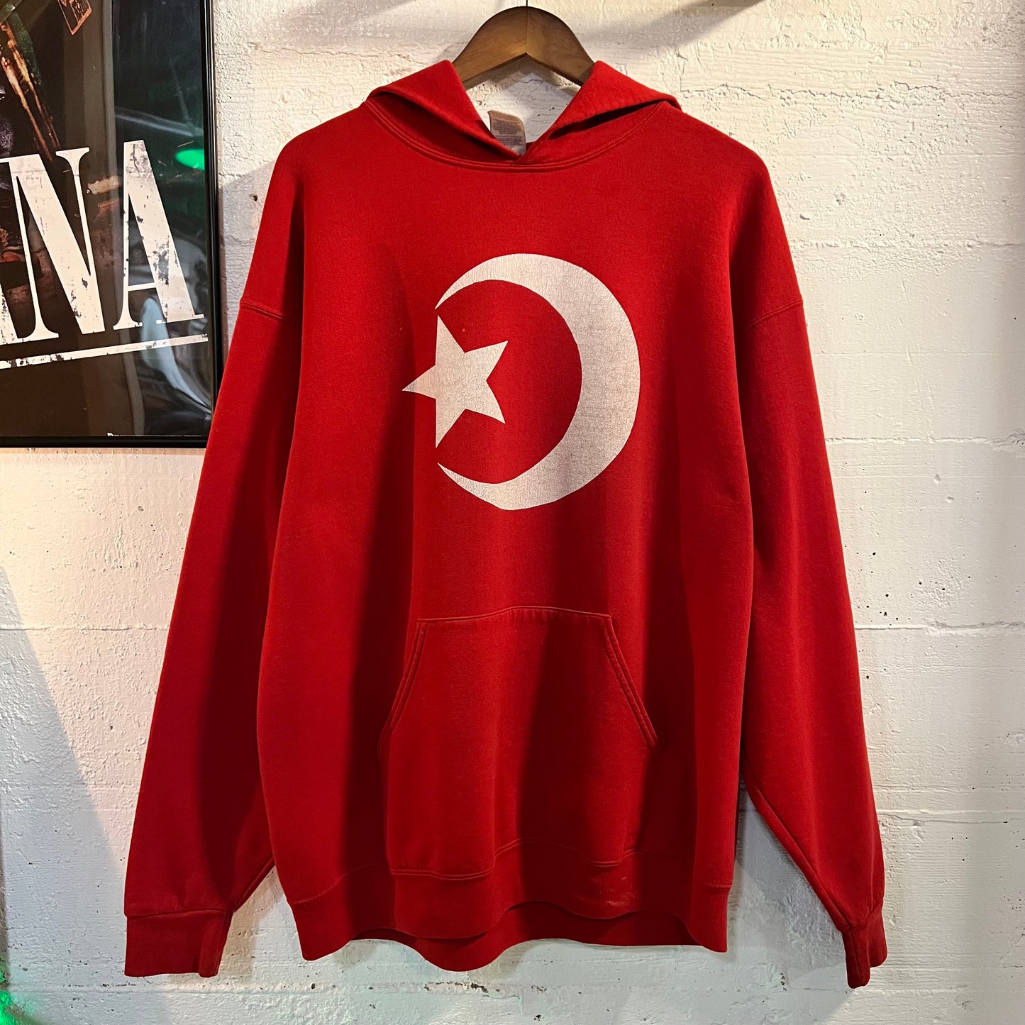 Vintage Distressed Jerzees Turkish Flag Hoodie Sweatshirt - Size XL - Red/White