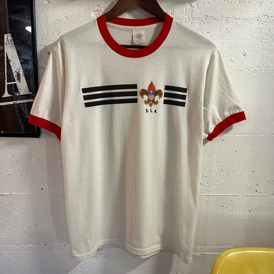 Vintage 80’s Boy Scouts Of America Ringer Single Stitch T-Shirt - Size Large Men’s - Made In USA - White/Red/Black