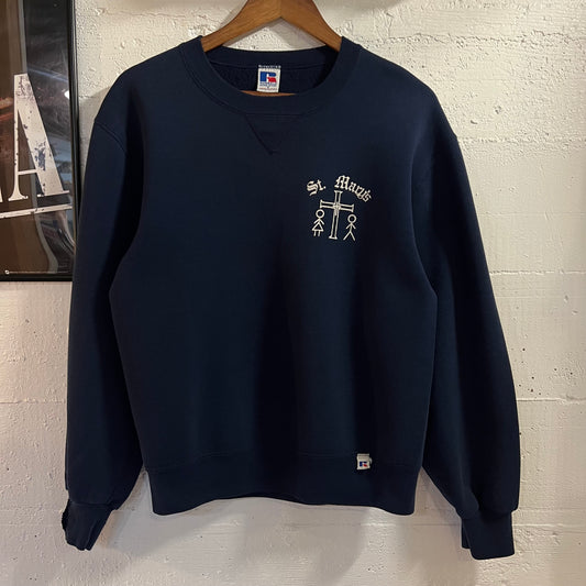 Vintage 90’s Distressed Russell Athletic St. Mary’s Crewneck Sweatshirt - Size Small - Made In USA - Navy/White