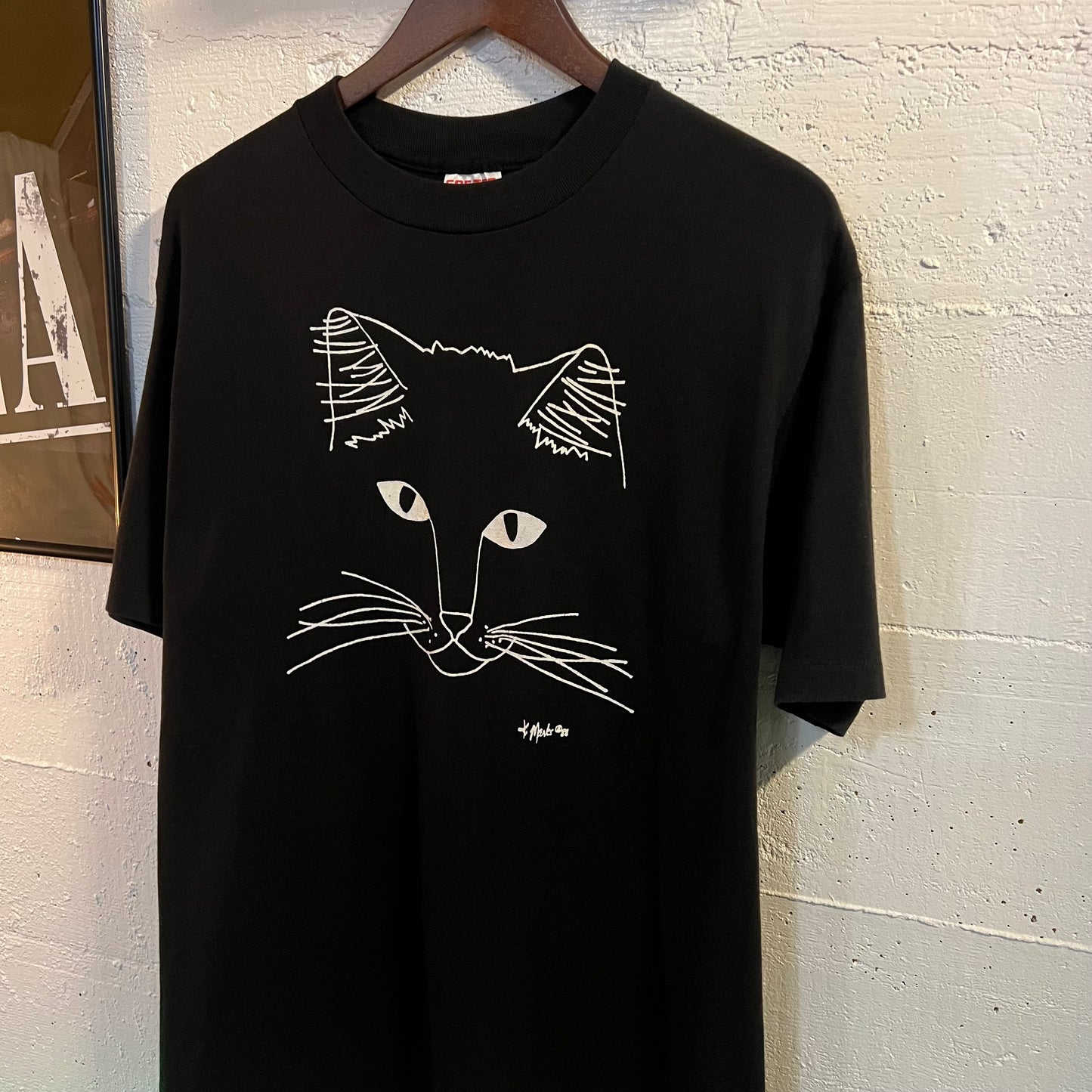 Vintage 1988 Cat Art Single Stitch T-Shirt - Size Large - Made In USA - Black/White