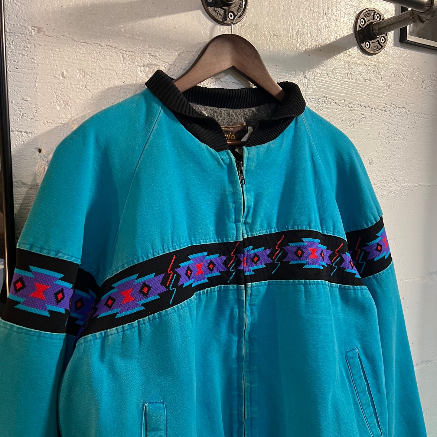 Vintage David James Aztec Blanket Lined Canvas Bomber Jacket - Size Large - Made In USA - Turquoise/Black