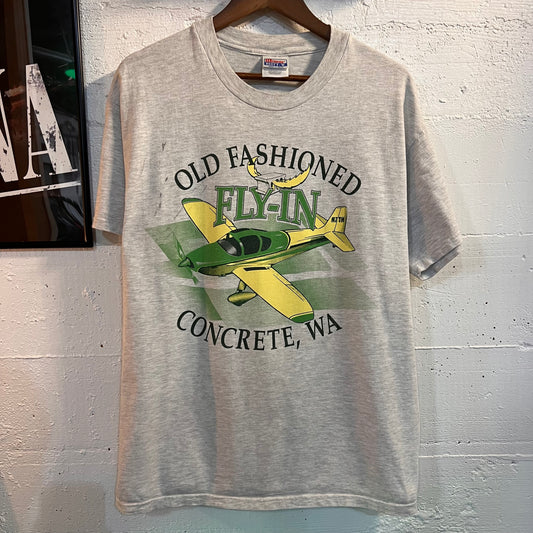 Vintage 90's Concrete Washington Old Fashion Fly In Bi-Plane T-Shirt - Size Large - Heather Gray/Green