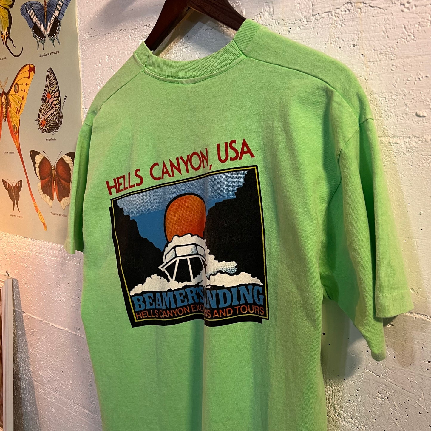 Vintage 90's Hells Canyon Jet Boat T-Shirt - Size Large - Made In USA - Single Stitch - Neon Green