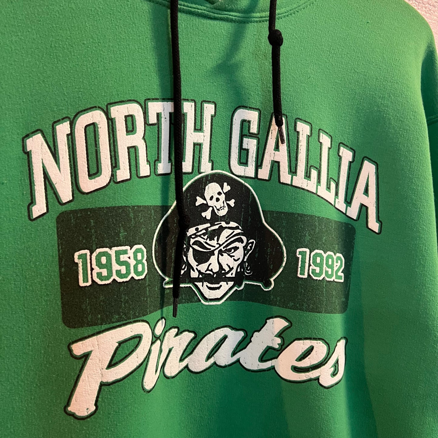 Vintage 90's North Gallia Pirates Hoodie Sweatshirt - Size Large - Kelly-Green/White/Black