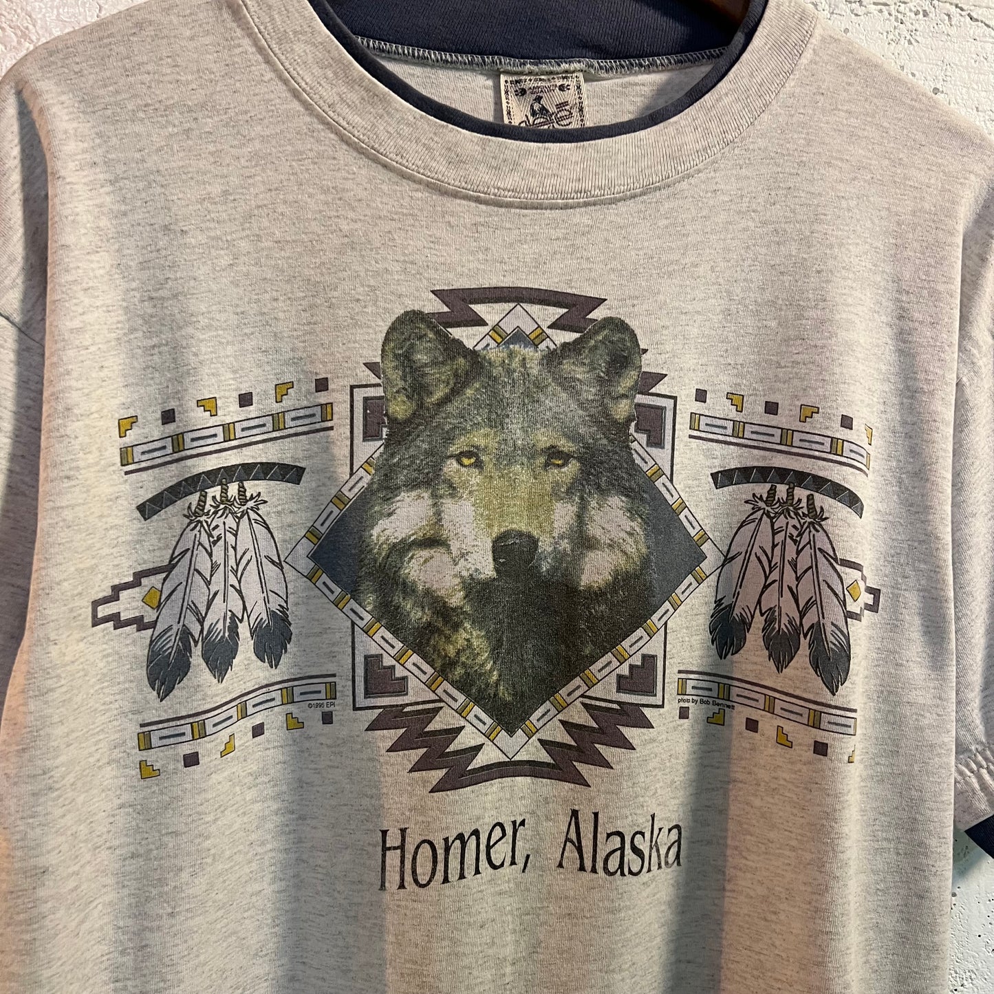 Vintage 1995 Homer Alaska Native Wolf Single Stitch Layered T-Shirt - Size Large - Made In USA