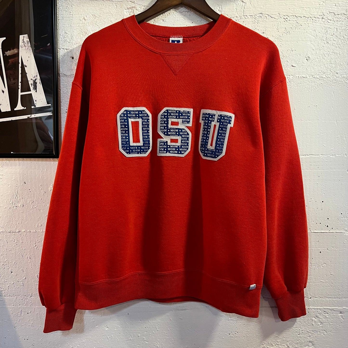 Vintage 90's OSU 'Mom' Embroidered Tackle Twill Collegiate Single 'V' Crewneck Sweatshirt - Size Large - Made In USA - Red/Blue