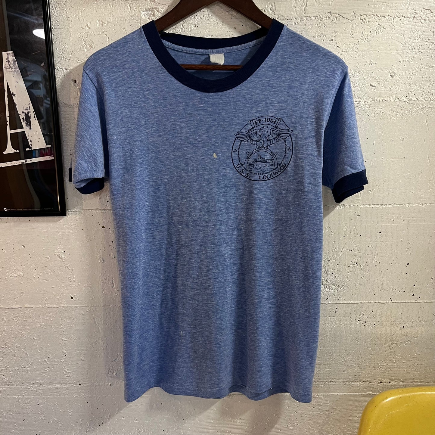 True Vintage 70's/80's U.S.S. Lockwood FF-1064 50/50 Blend Ringer T-Shirt - Size Medium - Made In USA - Heather Blue
