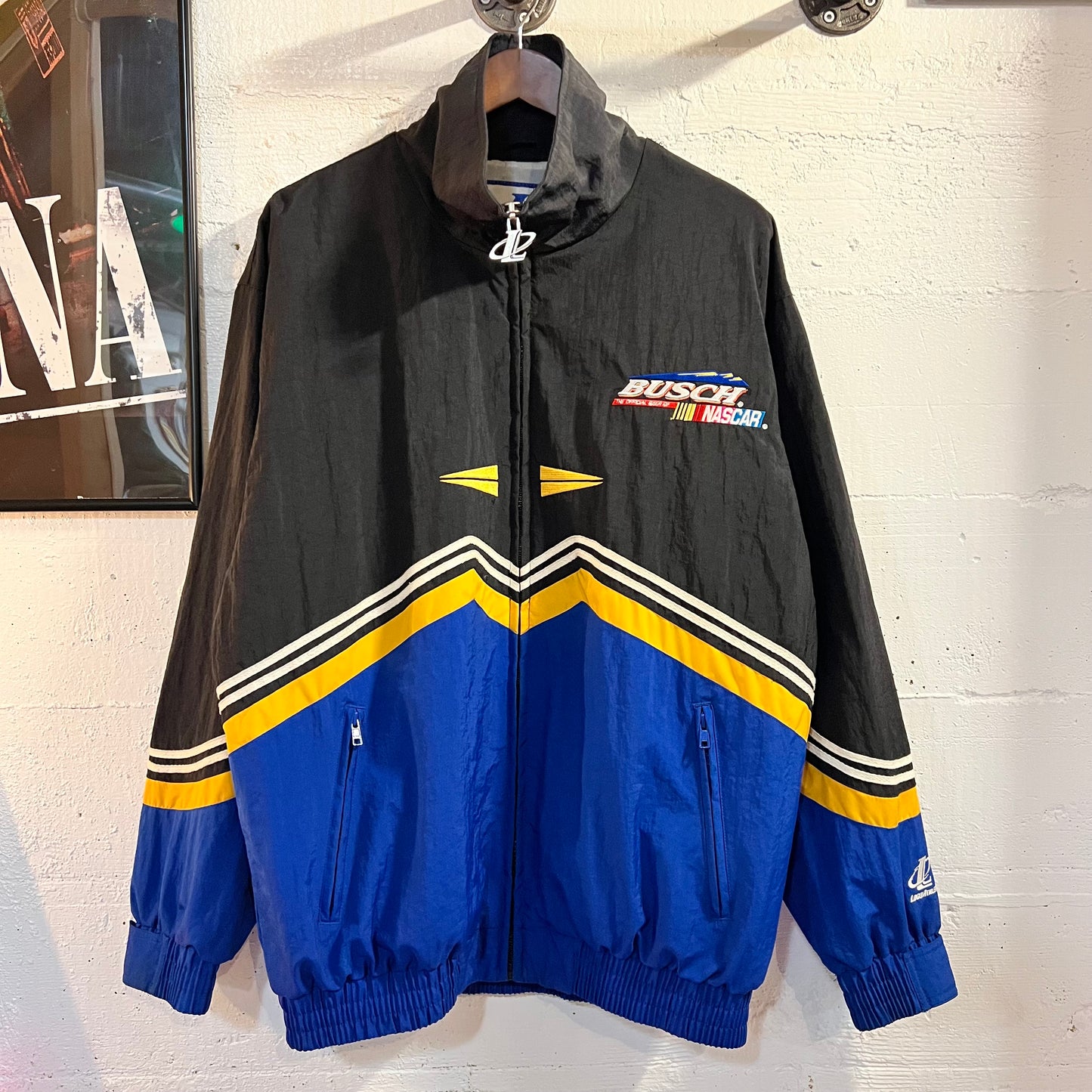 Vintage 90's Logo Athletic Busch Racing Nascar Nylon Windbreaker Jacket - Size Medium - Blue/Yellow