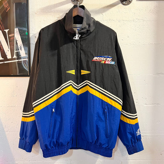Vintage 90's Logo Athletic Busch Racing Nascar Nylon Windbreaker Jacket - Size Medium - Blue/Yellow