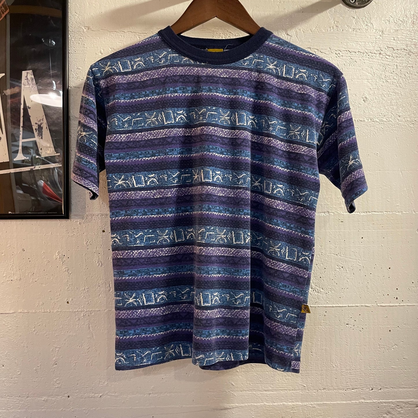 Vintage 90’s Skidz Geometric/Tribal/Aztec All Over Print Single Stitch Baby T-Shirt - Size Youth Medium - Made In USA - Blue/Purple/Black/White