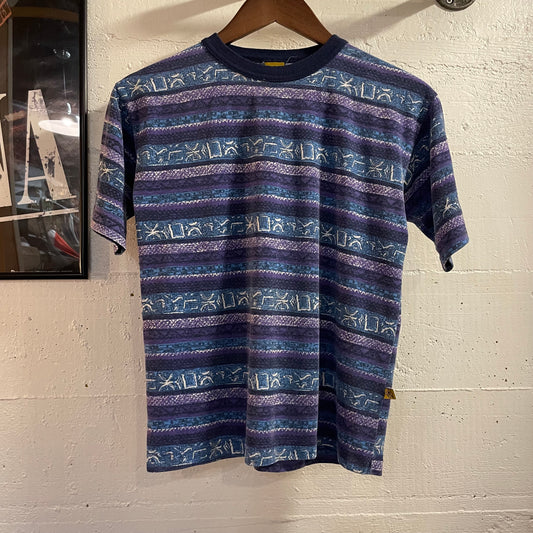 Vintage 90’s Skidz Geometric/Tribal/Aztec All Over Print Single Stitch Baby T-Shirt - Size Youth Medium - Made In USA - Blue/Purple/Black/White