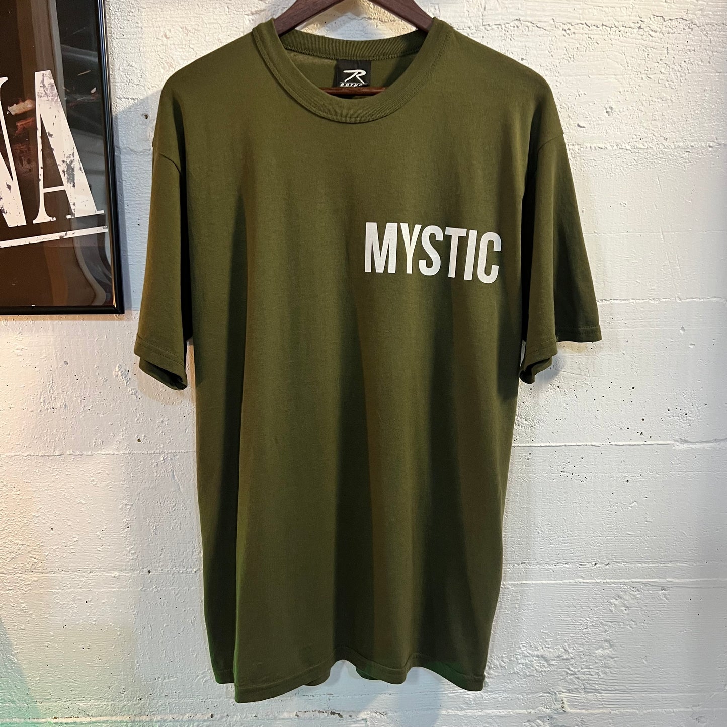 Vintage MYSTIC™ (Past/Present/Future) T-Shirt - Size Large - Made In USA - Olive Drab/Mystic White