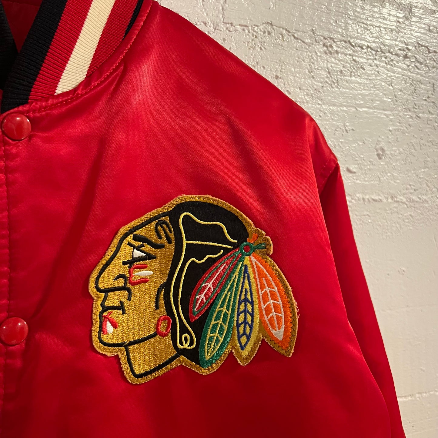 Vintage 1980's Starter Chicago Blackhawks Satin Bomber Jacket - Size Medium - Made In USA - Red/Black