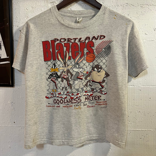 Vintage Distressed 1994 Portland Blazers Looney Tunes ‘Coolness Meter’ Baby T-Shirt - Size Youth Medium - Heather Grey/Multi