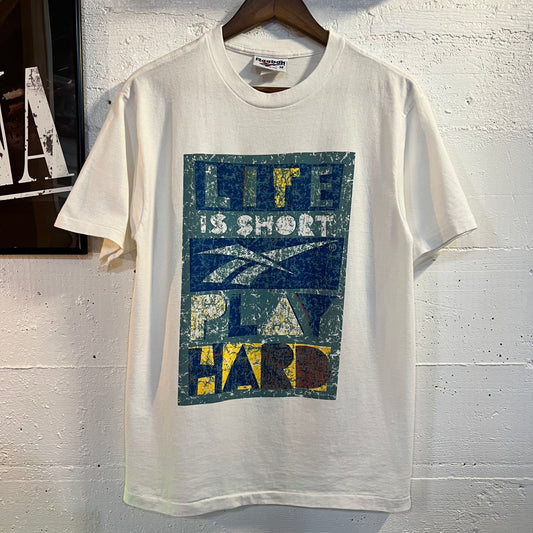 Vintage 90's Reebok 'Play Hard' Single Stitch Graphic T-Shirt - Size Medium - Made In USA - White/Blue/Yellow