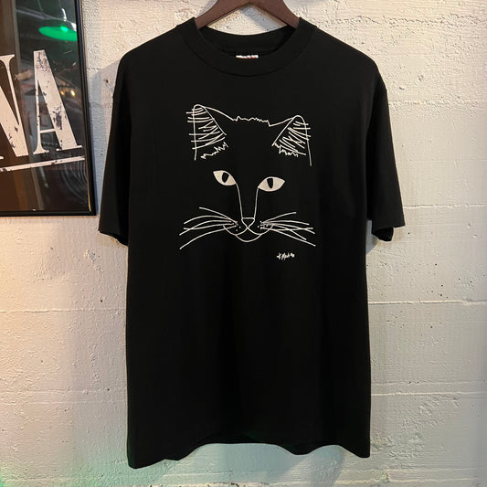 Vintage 1988 Cat Art Single Stitch T-Shirt - Size Large - Made In USA - Black/White
