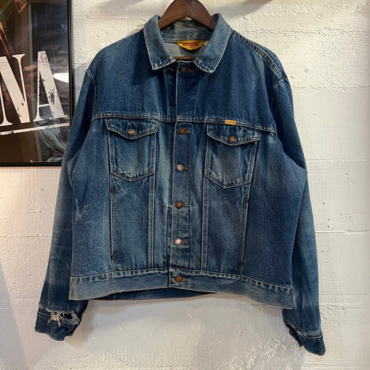 Vintage 70’s Faded/Distressed Rustler Button Up Denim Jacket - Size XL - Medium Wash