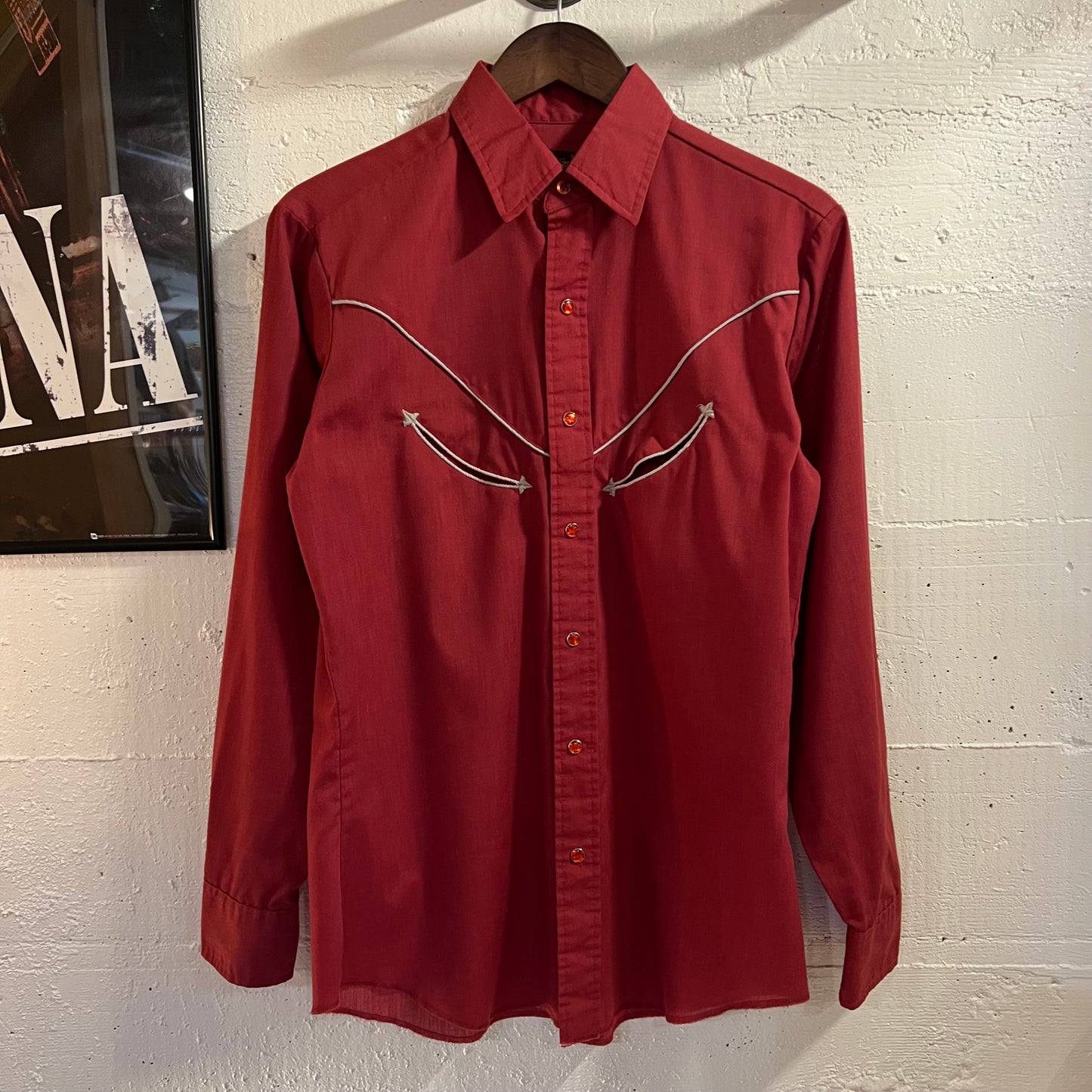 Vintage 1970's Wrangler Western Yoke Pearl Snap Western Shirt - Size Medium - Made In USA - Maroon/Silver