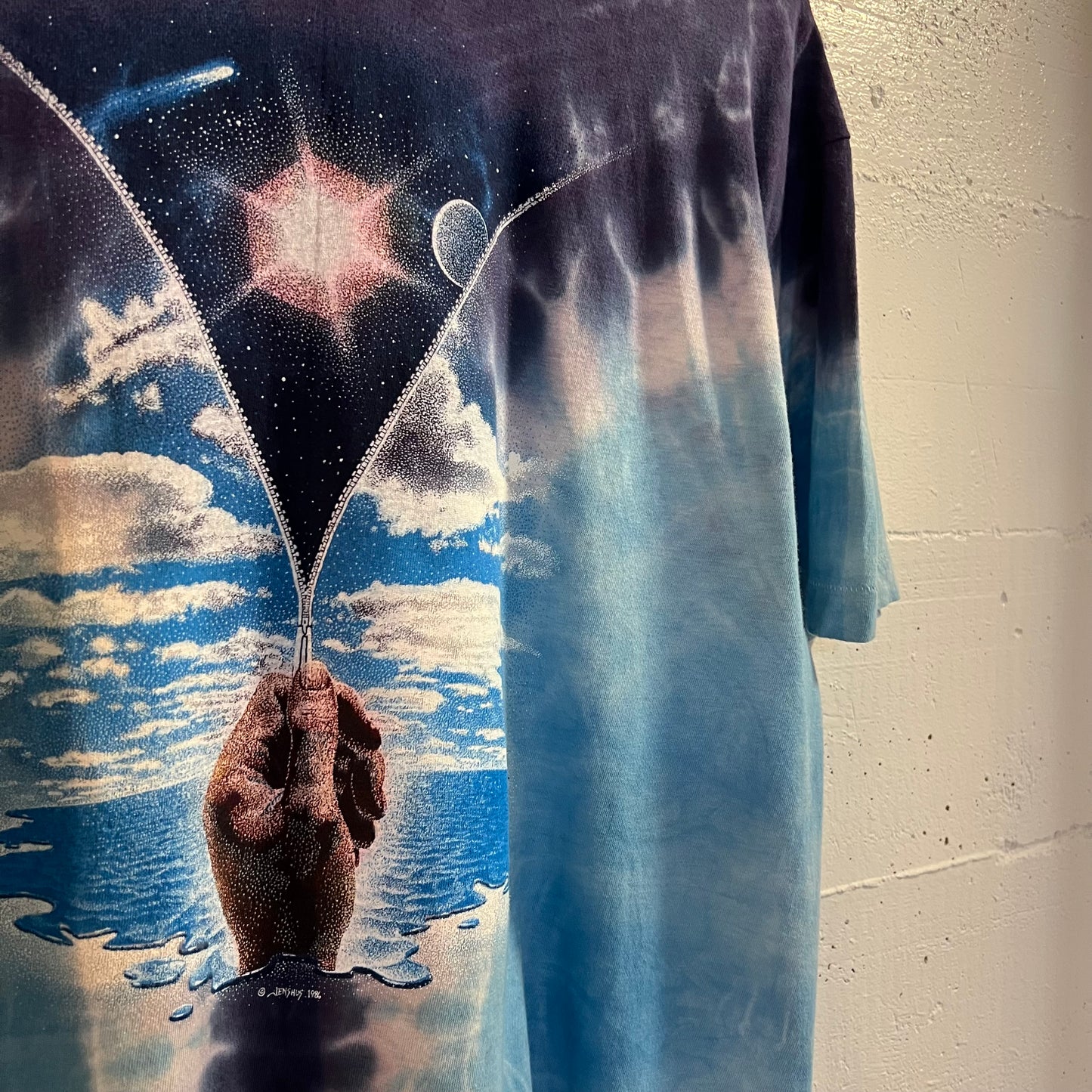Vintage 1986 Jenshus Tie Dye Cosmic Zipper Single Stitch T-Shirt - Size Large - Made In USA - Blue/Light-Blue