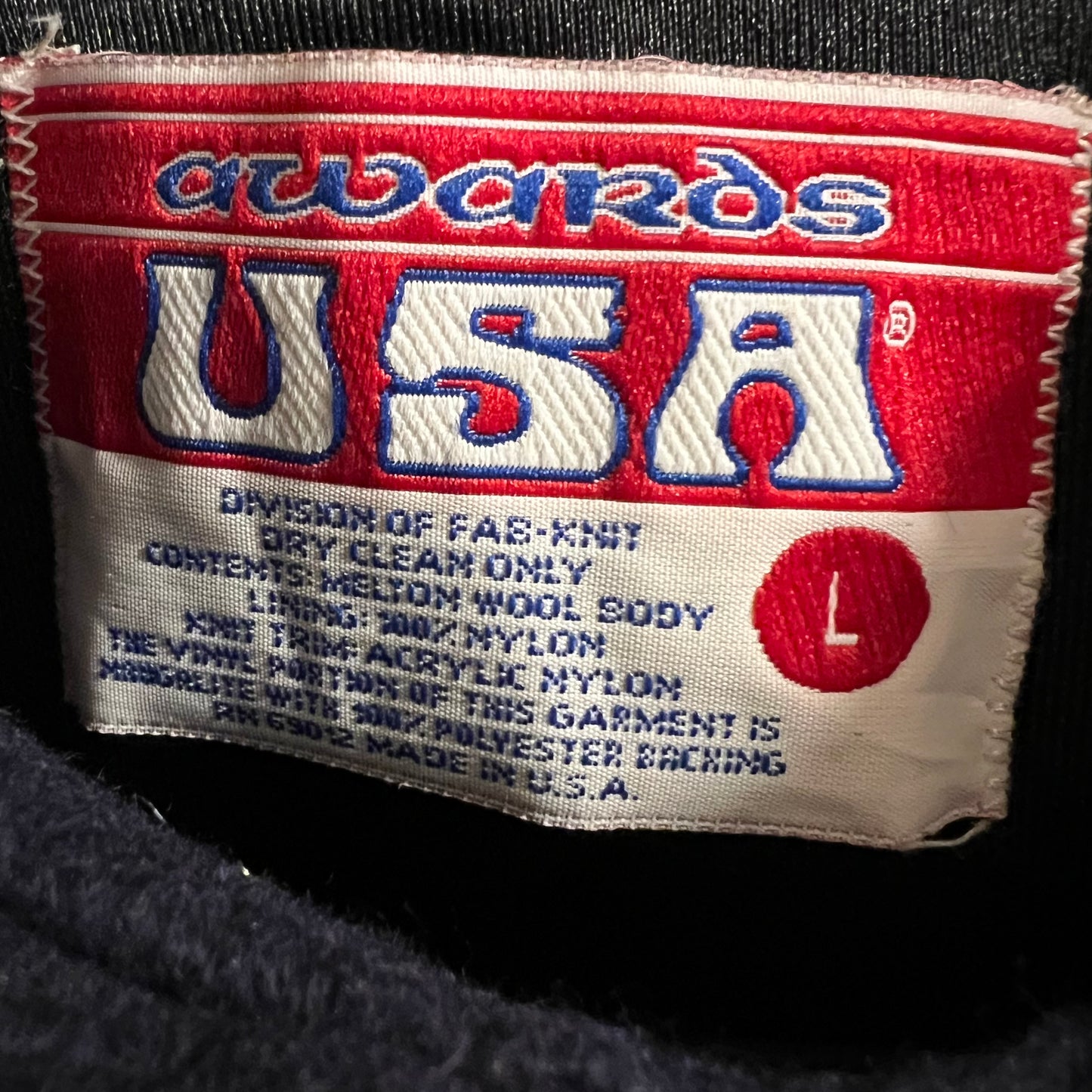 Vintage 1970's Awards USA Naugalite Wool Varsity Jacket - Size Large - Made In USA - Navy/Gold