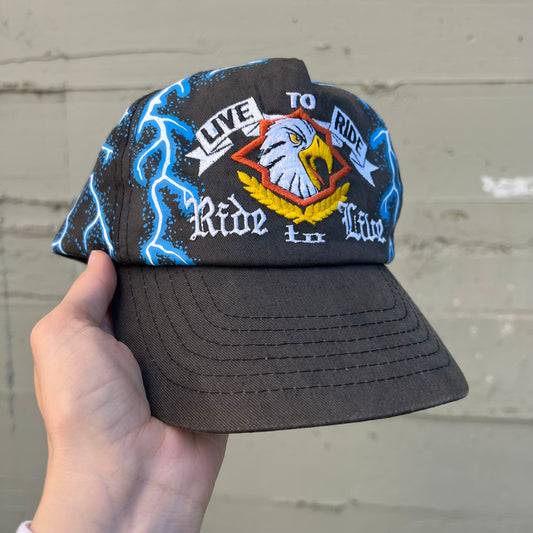Vintage 'Live To Ride' Screaming Eagle Lightning Snapback Hat - O/S - Black/Blue