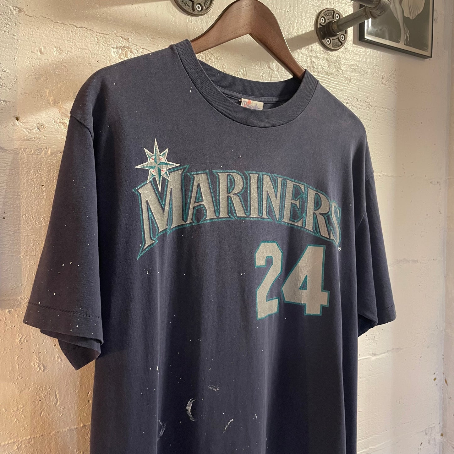 Vintage 90’s Distressed Seattle Mariners MLB ‘Griffey #24’ Single Stitch T-Shirt - Size Large - Made In USA - Navy/Teal/Silver
