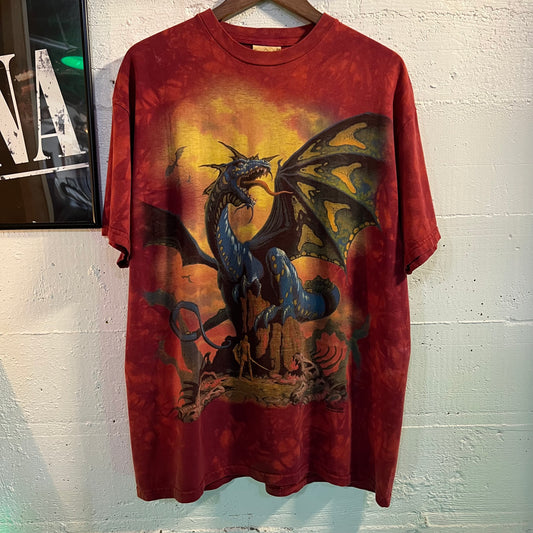 Vintage 2000 The Mountain ‘Dragon And Romans Knights’ Tie Dye T-Shirt - Size Large - 100% Cotton - Red/Multicolor