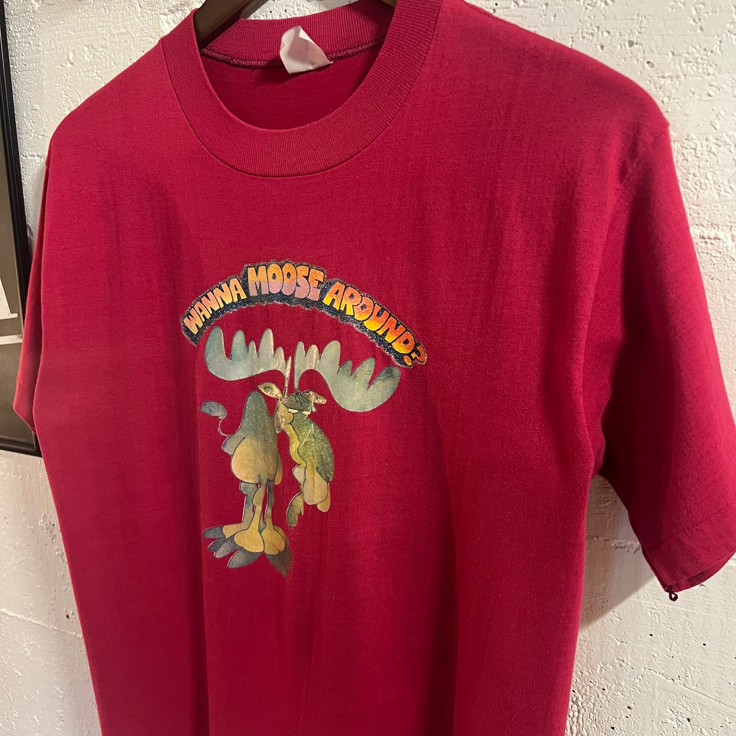 Vintage 80’s Wanna Moose Around? Vinyl Graphic Single Stitch T-Shirt - Size M/L - Reddish  Pink