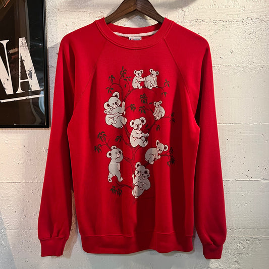 Vintage 1980's Koala Bear Family Tree Raglan Sleeve Crewneck Sweatshirt - Size Large - Made In USA - Red