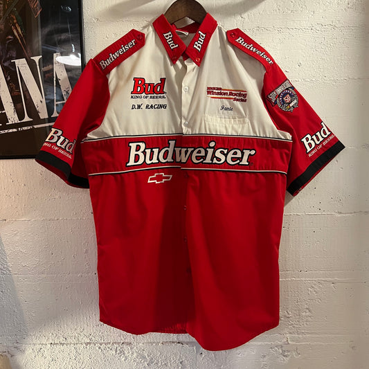 Vintage 1998 Embroidered Budweiser Nascar 50th Anniversary Series Short Sleeve Button Down Shirt - Size Large - Made In USA - Red/White/Black