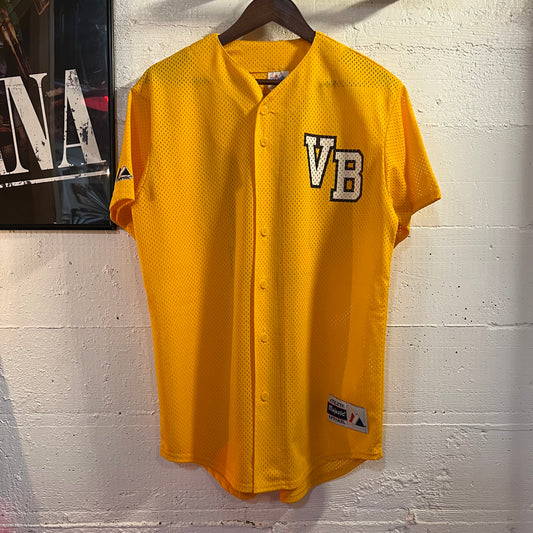 Vintage 90's Majestic Mesh Button 'VB' Baseball Jersey - Size Medium - Made In USA - Yellow