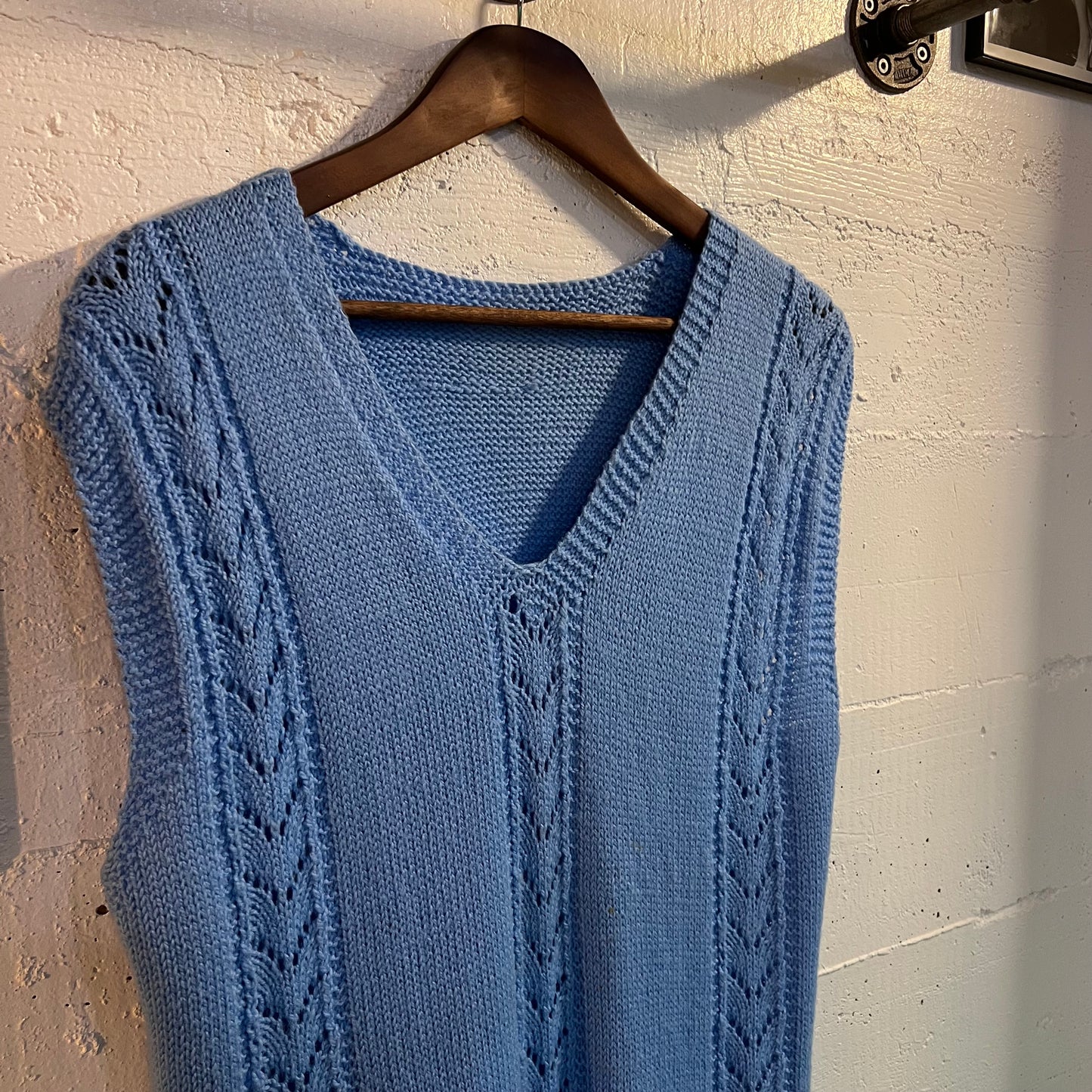 Vintage Knitted Handmade Fancy Sweater Vest - Size Large - Baby Blue