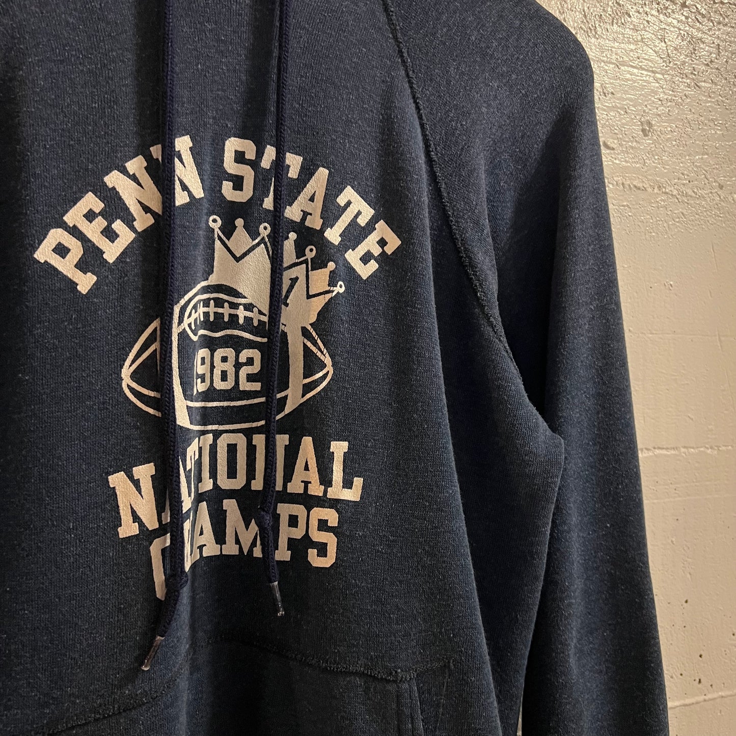 Vintage 1982 Penn State Football National Champs Raglan Hoodie Sweatshirt - Size Small - Made In USA - Navy/White