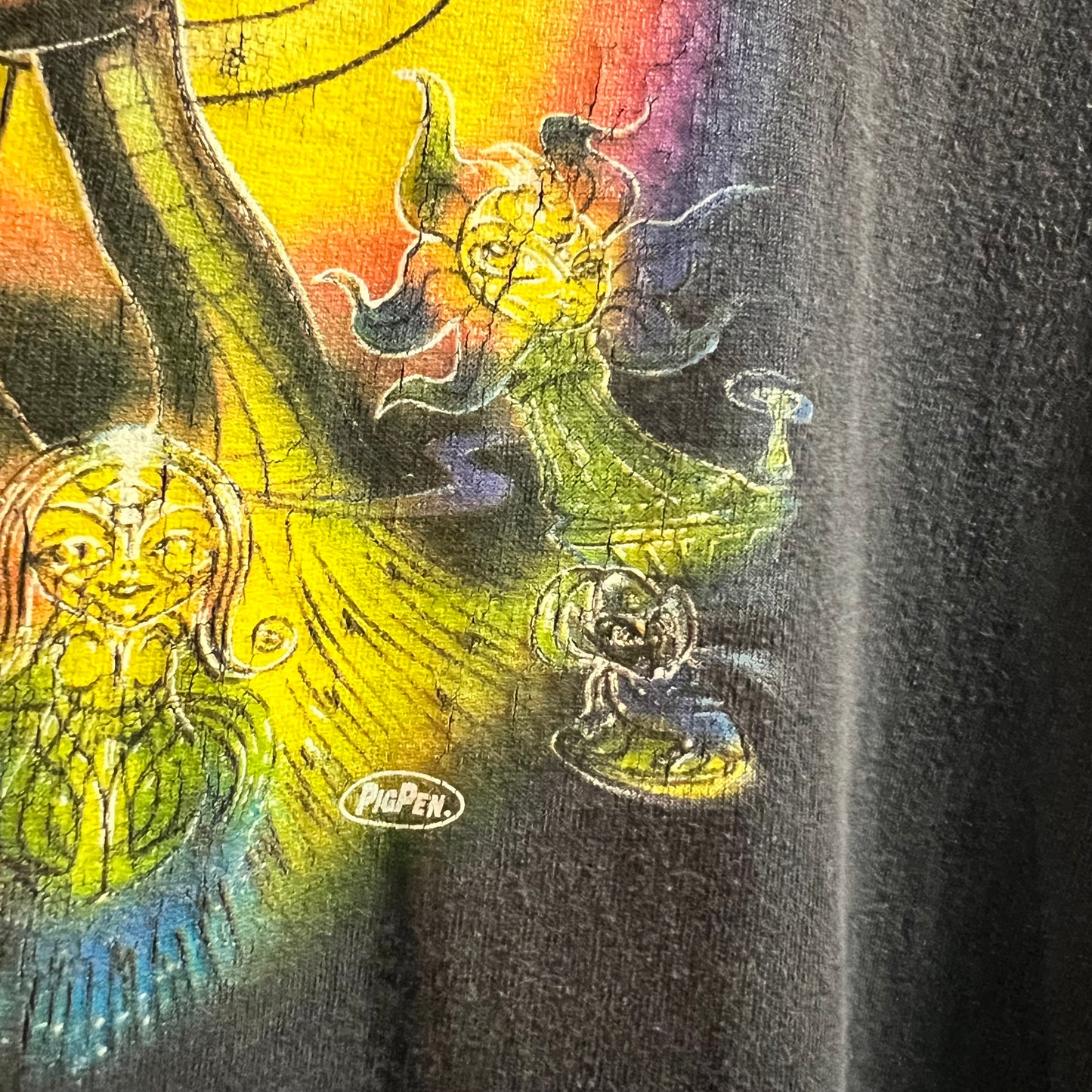 Vintage 90's Rare Pig Pen Psychedelic Alien Single Stitch Rave T-Shirt - Size XL - Made In USA - Faded Black