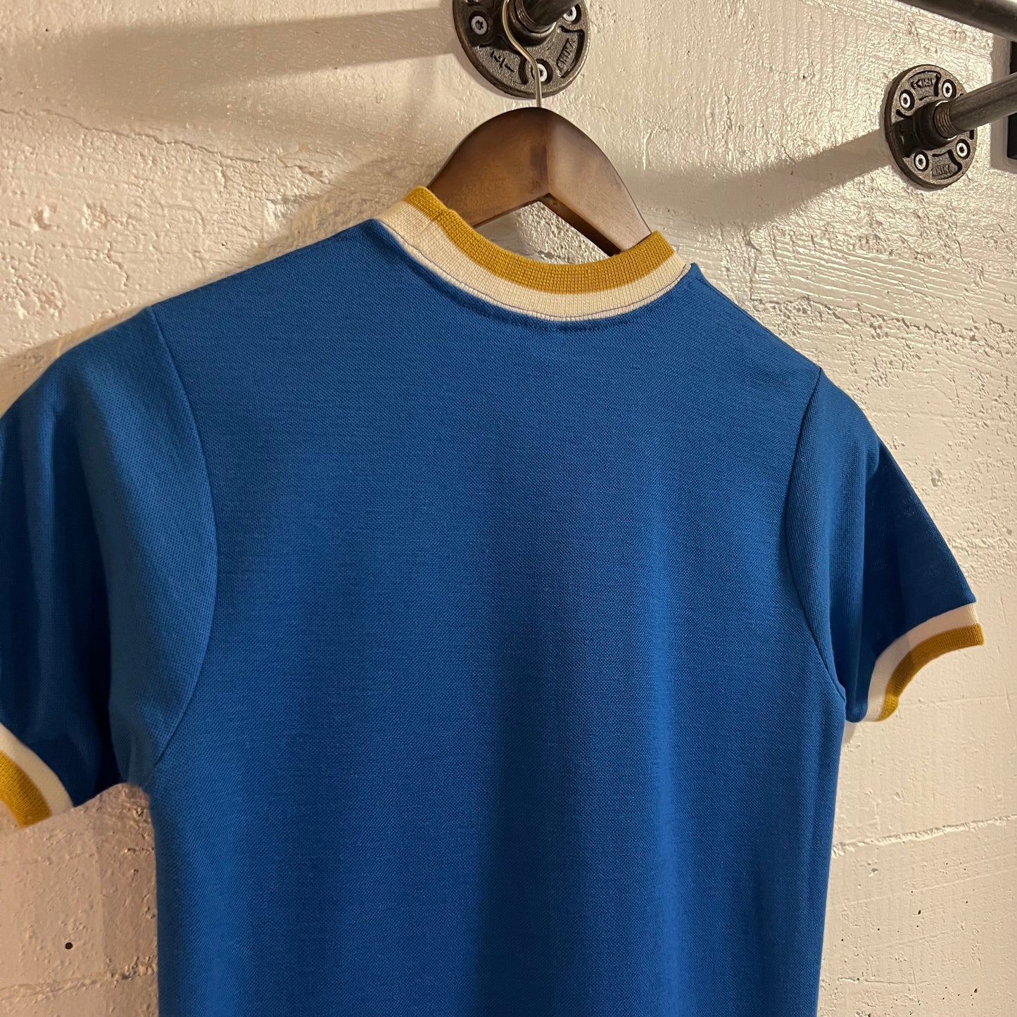 True Vintage 1960’s Penney’s Towncraft Trinity Knot Knitted Ringer Pocket Baby T-Shirt - Size XS (14) - Made In USA - Blue/White/Mustard