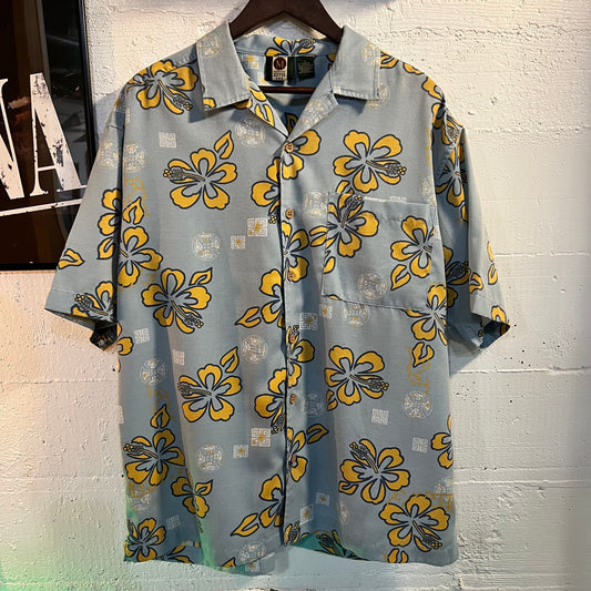 Vintage 90's Metro One Floral Rayon Blend Short Sleeve Button Up Shirt - Size Large - Blue/White/Yellow