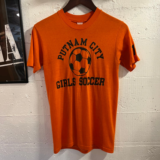 Vintage 80’s Putnam City Girls Soccer Single Stitch T-Shirt - Size Medium - Made In USA - Orange/Black