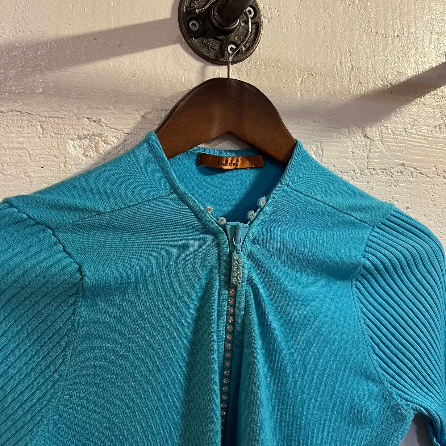 Belldini Bedazzled Zipper Short Sleeve Knitted Sweater - Size Large - Blue