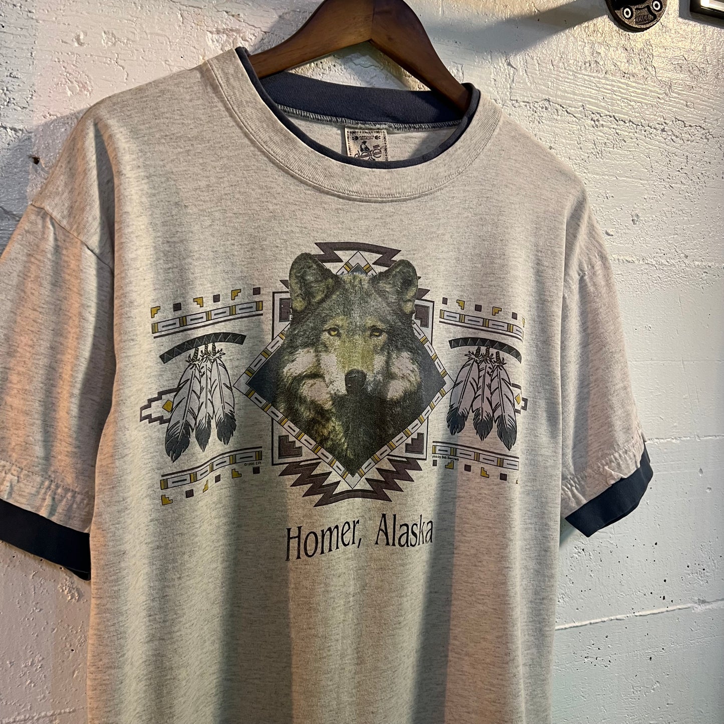 Vintage 1995 Homer Alaska Native Wolf Single Stitch Layered T-Shirt - Size Large - Made In USA