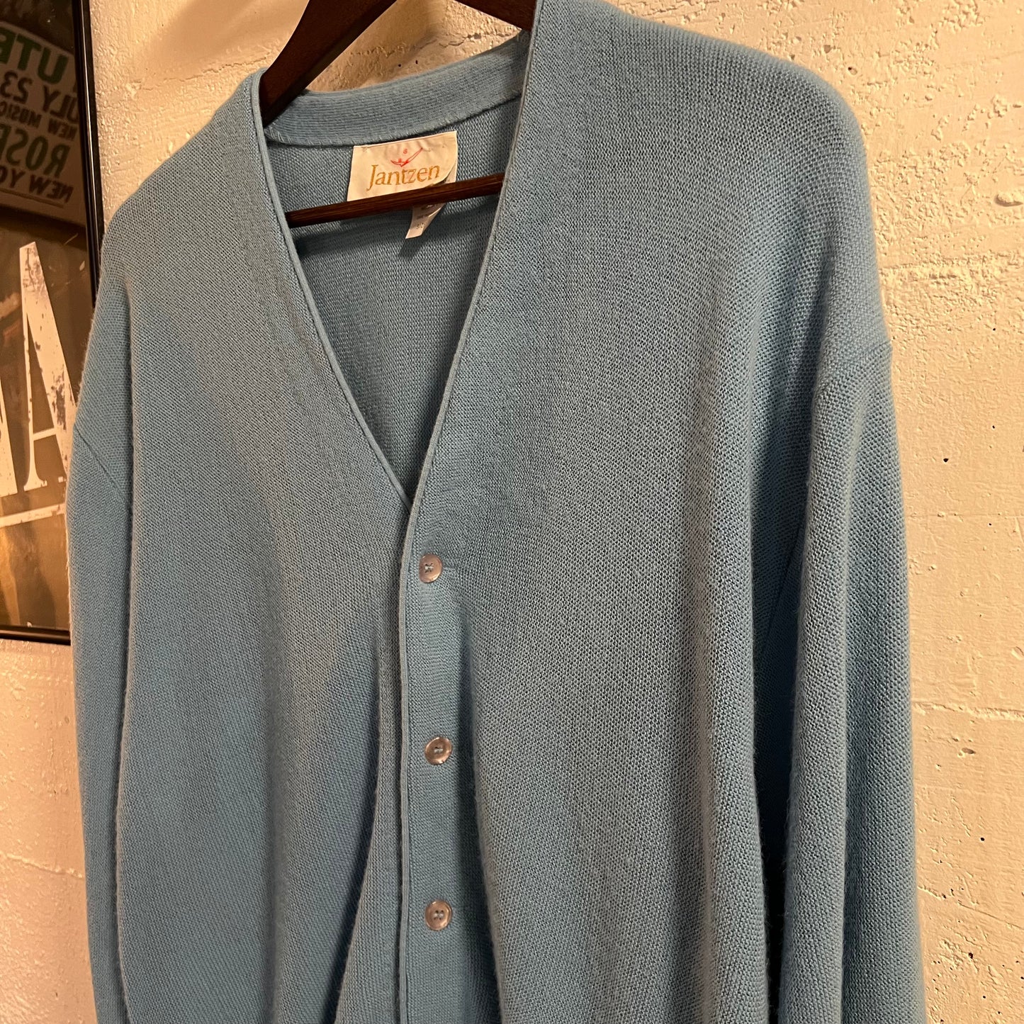 Vintage 70’s Jantzen Knitted Cardigan Buttoned Sweater - Size XL - Made In USA - Baby Blue