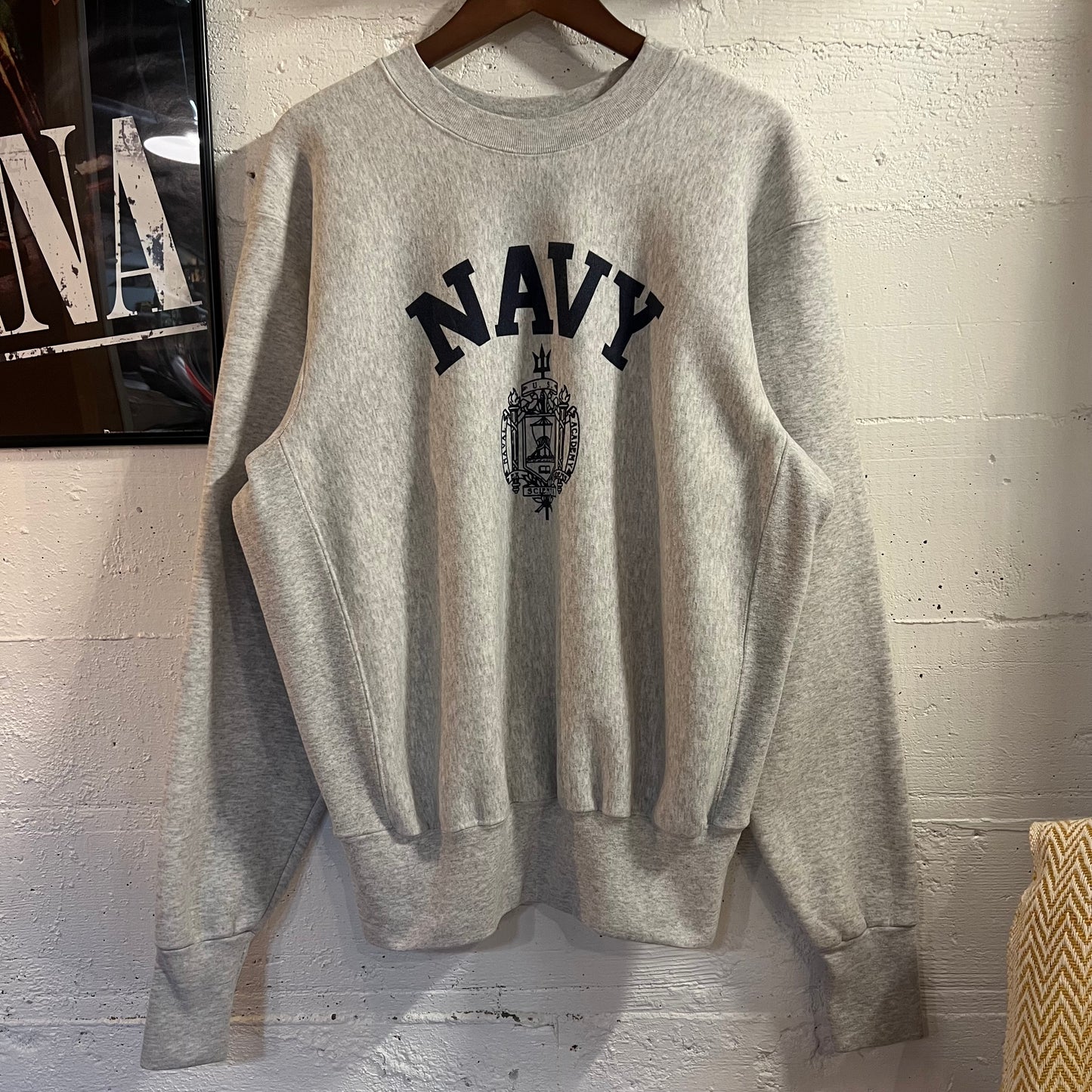 Vintage 90’s Navy U.S. Naval Academy Reverse Weave Crewneck Sweatshirt - Size Medium - Made In USA - Heather Grey/Navy