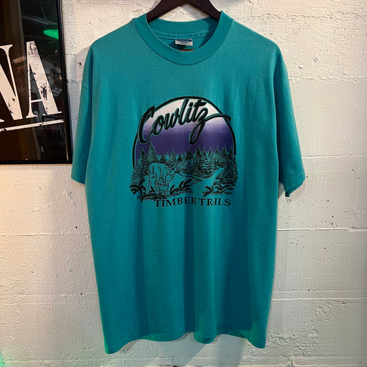 Vintage Cowlitz Timber Trails Nature Single Stitch T-Shirt - Size XL - Made In USA - Turquoise