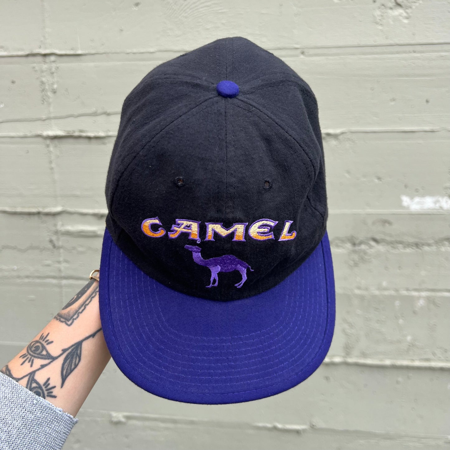 Vintage 90's Smokin Joe Camel Racing Reversible Strapback Hat - O/S - Black/Purple/Yellow