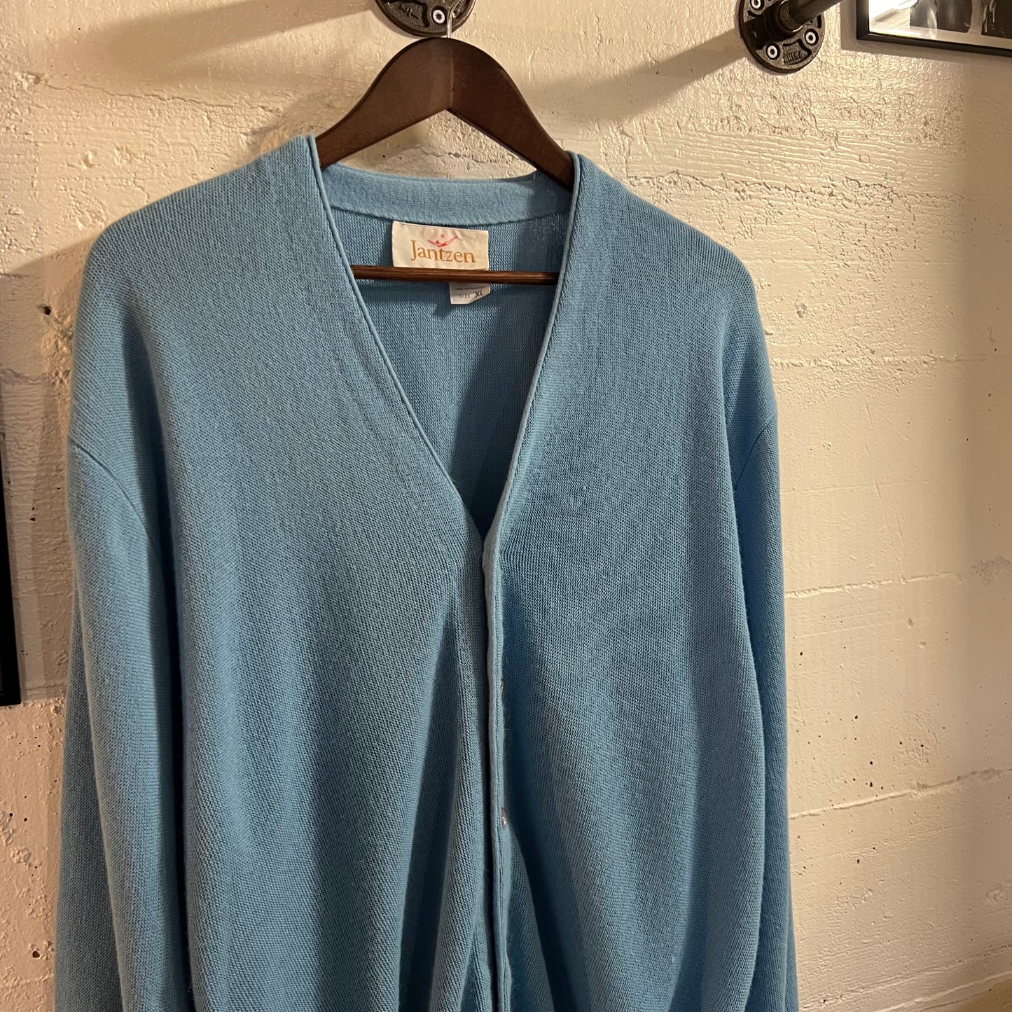 Vintage 70’s Jantzen Knitted Cardigan Buttoned Sweater - Size XL - Made In USA - Baby Blue