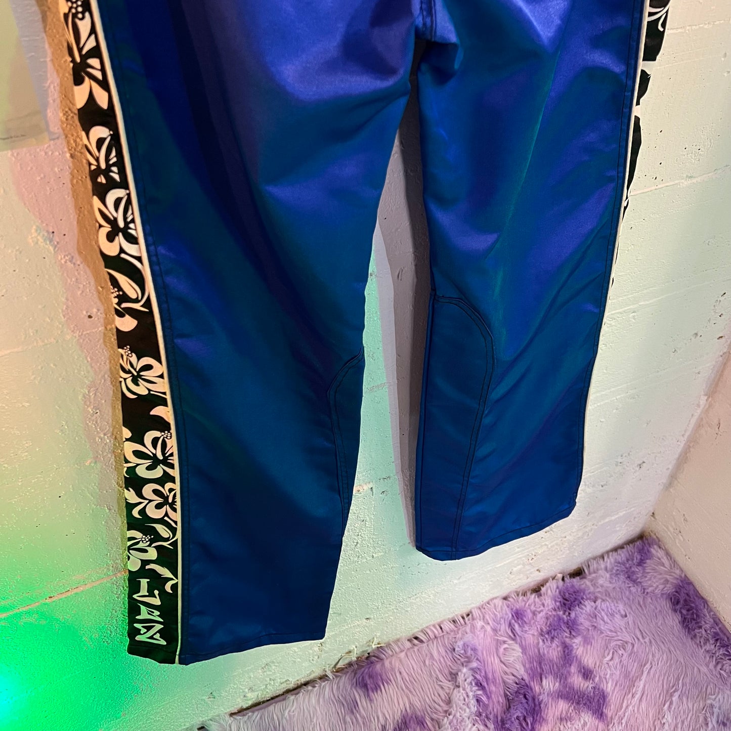 Vintage LBZ Local Boyz Hawaiian Flower Motocross Satin Nylon Pants - Size 11  (35"x34" ) - Made In USA - Royal Blue