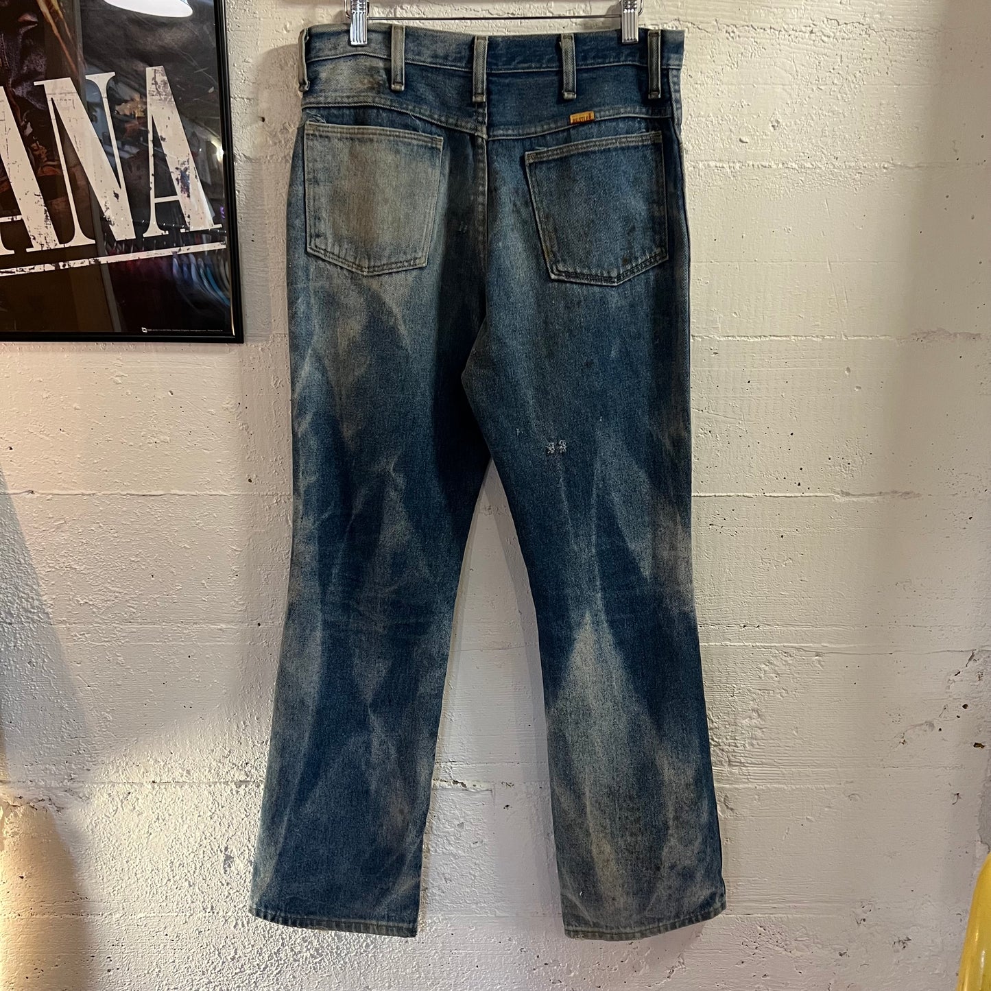Vintage 70's/80's Rustler Faded Distressed Patch Denim Jeans - Size 32" x 32" - Made In USA - 87620 - Light Faded Indigo